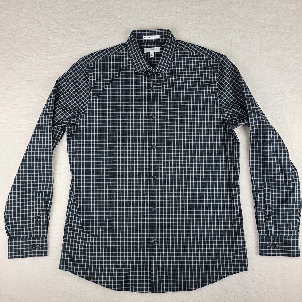 Calibrate Shirt Mens Large‎ Black Gray Teal Check Plaid Non Iron Dress Button Up